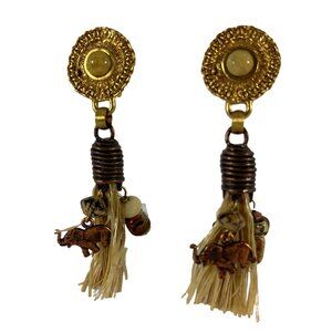 Gold Tone Clip On Tassel Earrings Ethnic Elephant Beaded Ornate Multi Metal 3.5"